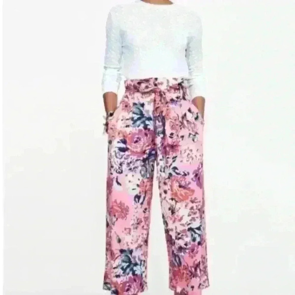 Zara Pink Floral Wide Leg Pants Tie Waist High Rise- Size Extra Small - Picture 2 of 8